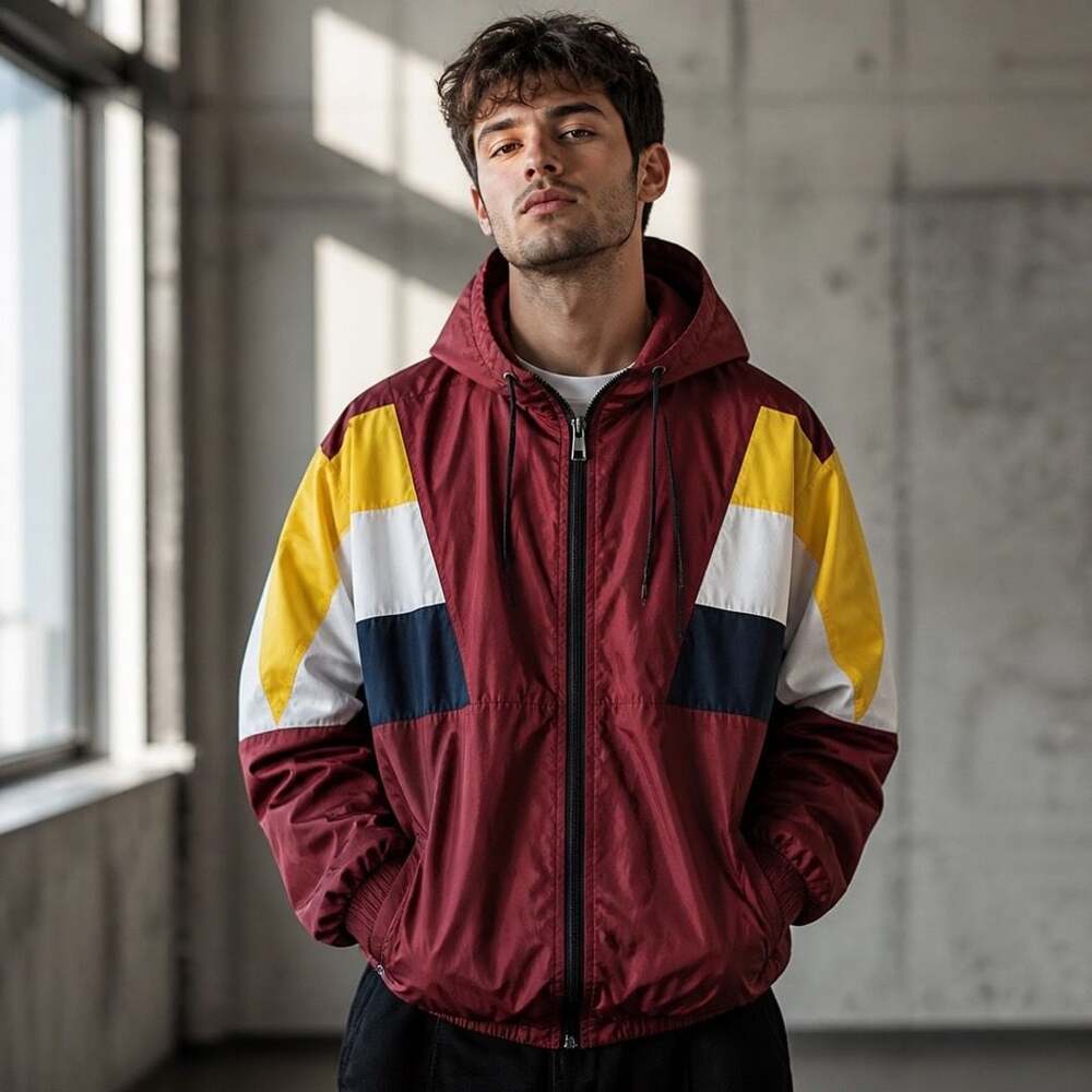 Sovereign State Men's Color Block Hooded Windbreaker Jacket Wine Red Size L
